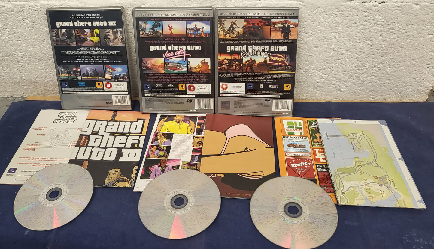 Grand Theft Auto III, San Andreas & Vice City with Maps Sony Playstation 2 (PS2) Game Bundle
