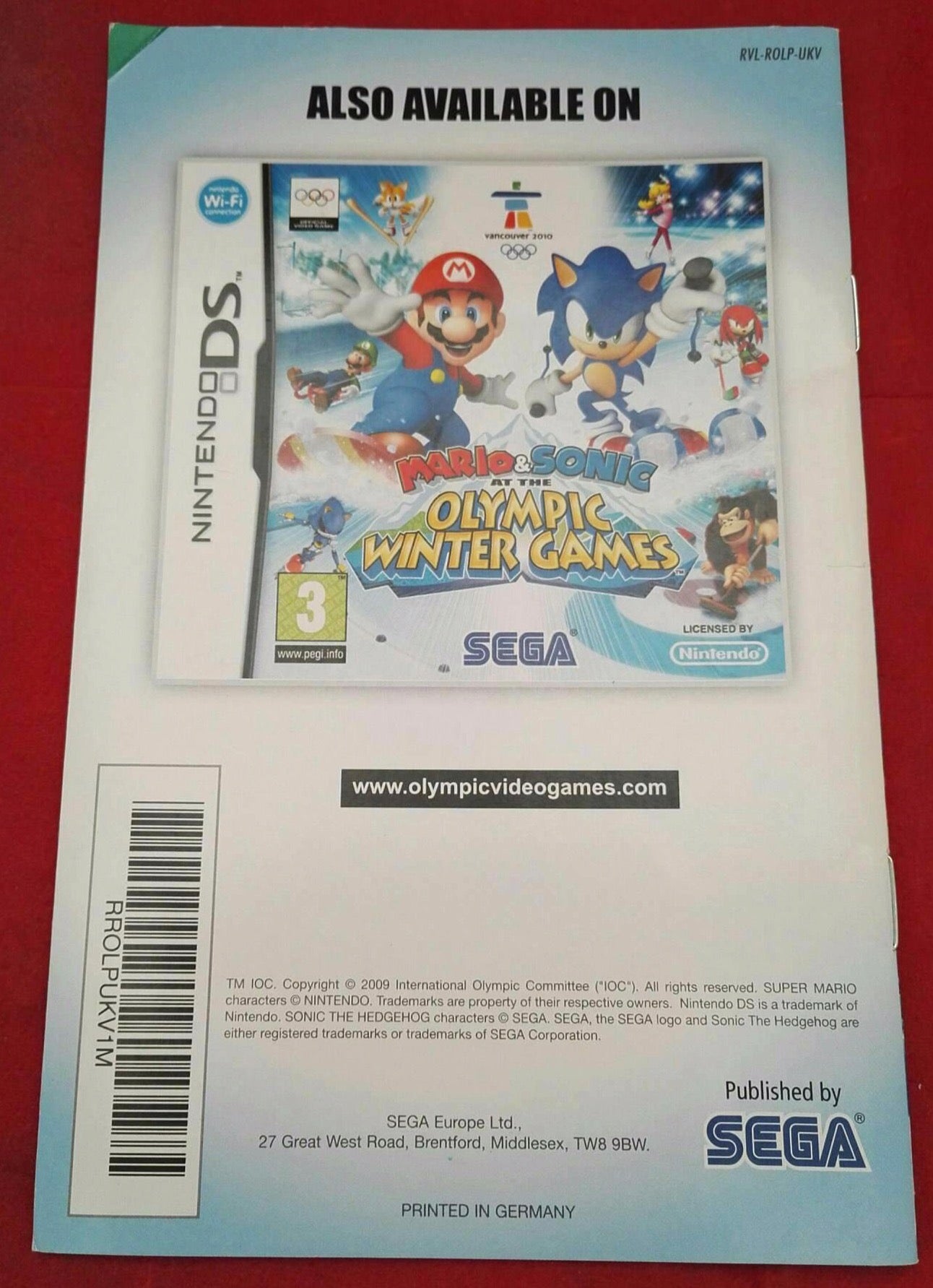 Mario & Sonic at the Winter Olympic Games Nintendo Wii Spare Manual Only