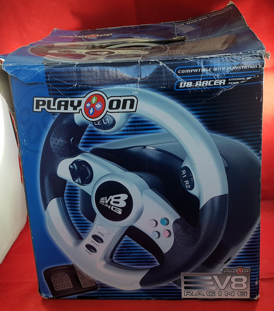 Boxed Play On V8 Racer Racing Wheel & Pedal Sony Playstation 2 (PS2) Accessory