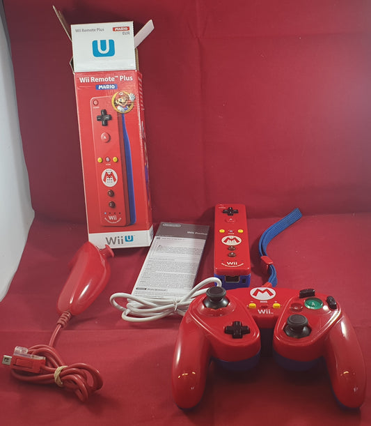 Official Nintendo Wii Mario Wii Remote Plus & Classic Controller with Unofficial Red Nunchuck Accessory