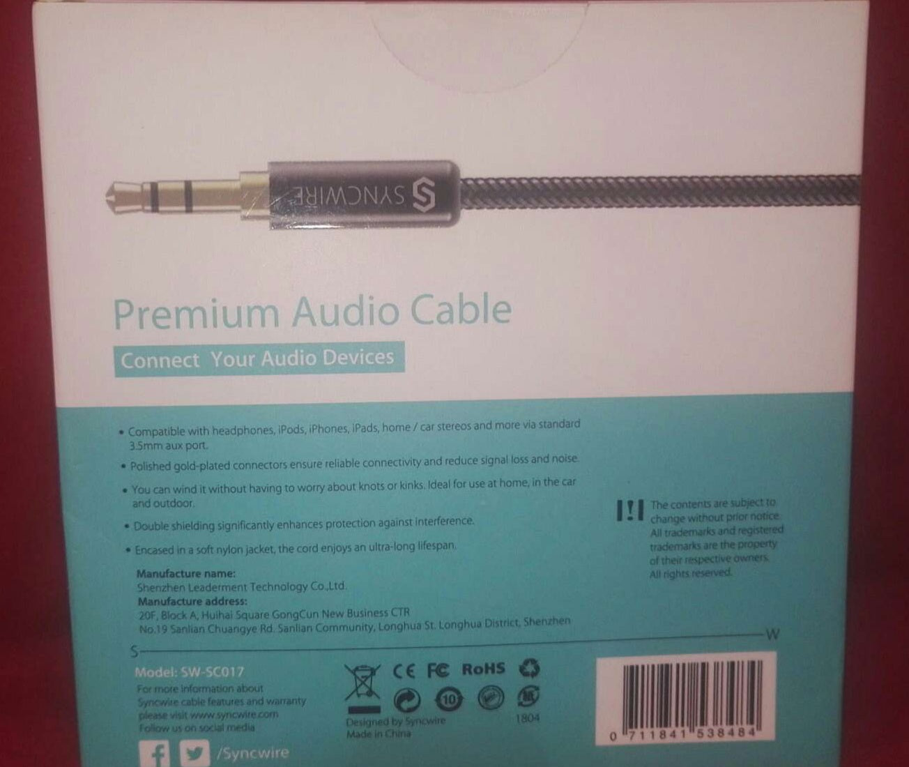 Brand New and Sealed Syncwire 1m Premium Audio Cable Accessory