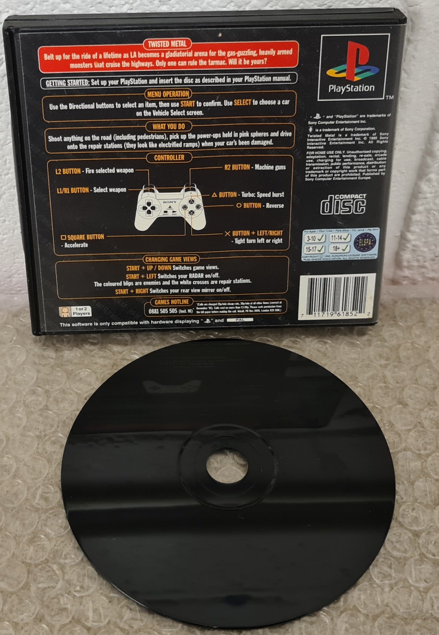 Twisted Metal RARE Ex Rental Sony Playstation 1 (PS1)  Game